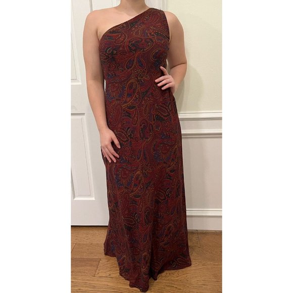 Vintage 90s Lauren Ralph Lauren Burgundy Paisley Silk Chiffon One Shoulder Gown - Picture 4 of 8